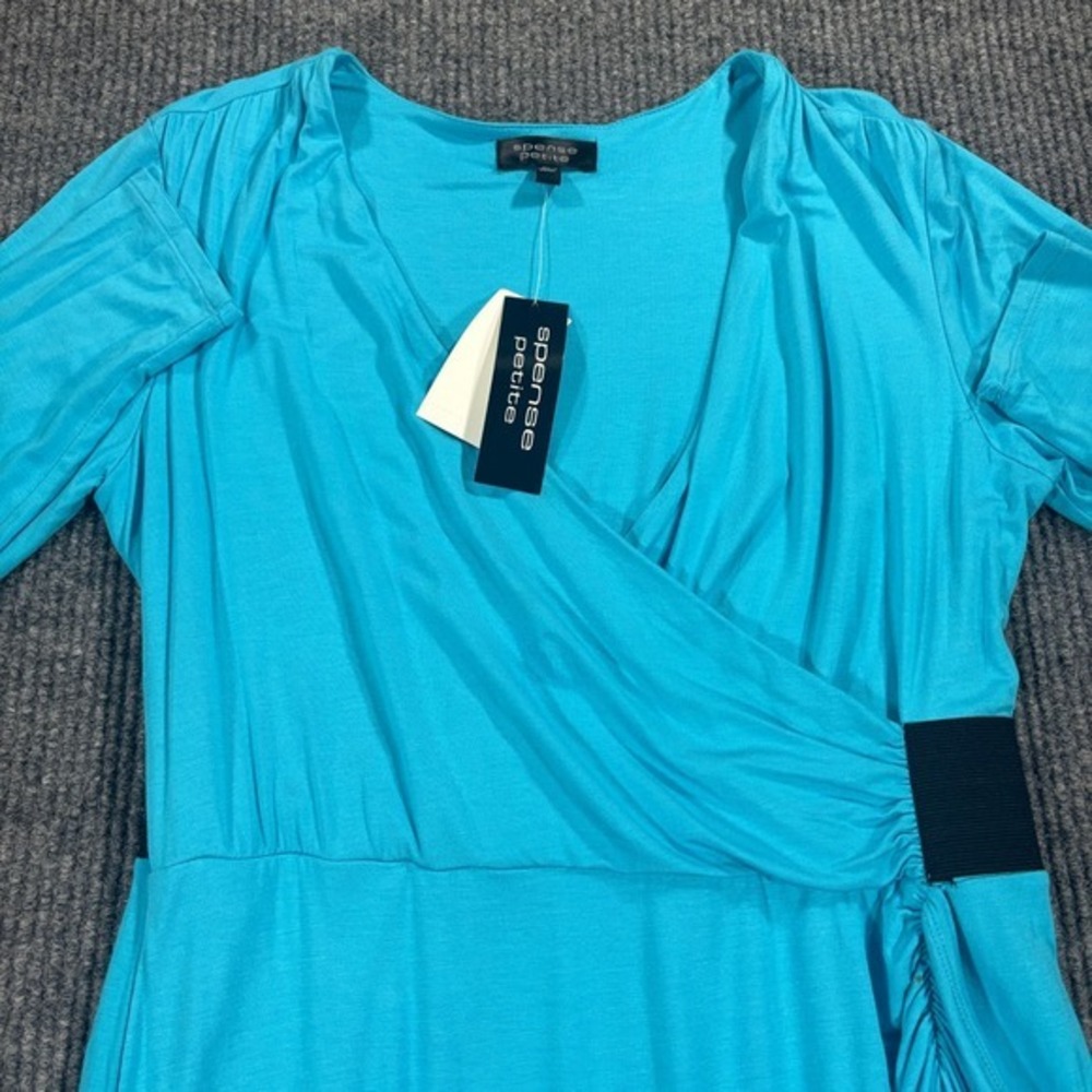 Spense‎ Petite Faux Wrap Dress Women PL Blue Surplice V-Neck Long Sleeve